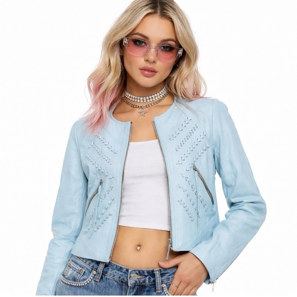 Blank NYC Jackets & Blazers - Y2K Cropped Jacket Sz M Imelda Crm Perforated Vegan Lthr Moto Boho Coachella Zip